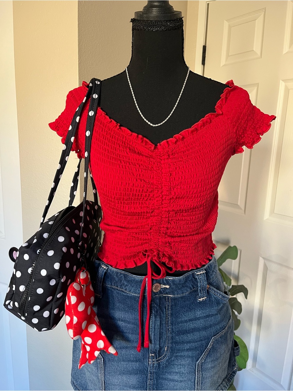 Red Ruched Short Sleeve Women's Top - Smocked Drawstring Tee